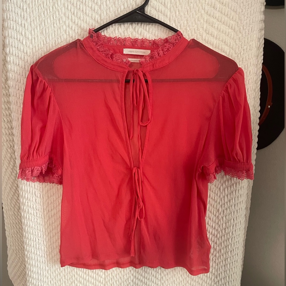 URBAN OUTFITTERS: Sheer Coral Color Sheer Tie Front Shortsleeved Top Size: Large